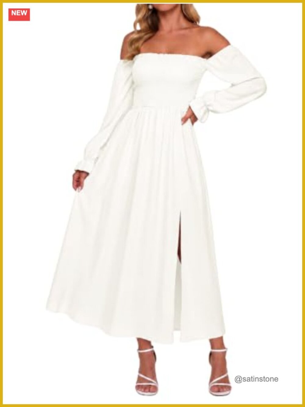 Off Shoulder Puff Sleeve Maxi Dress Smocked Waist Side Pockets Boho